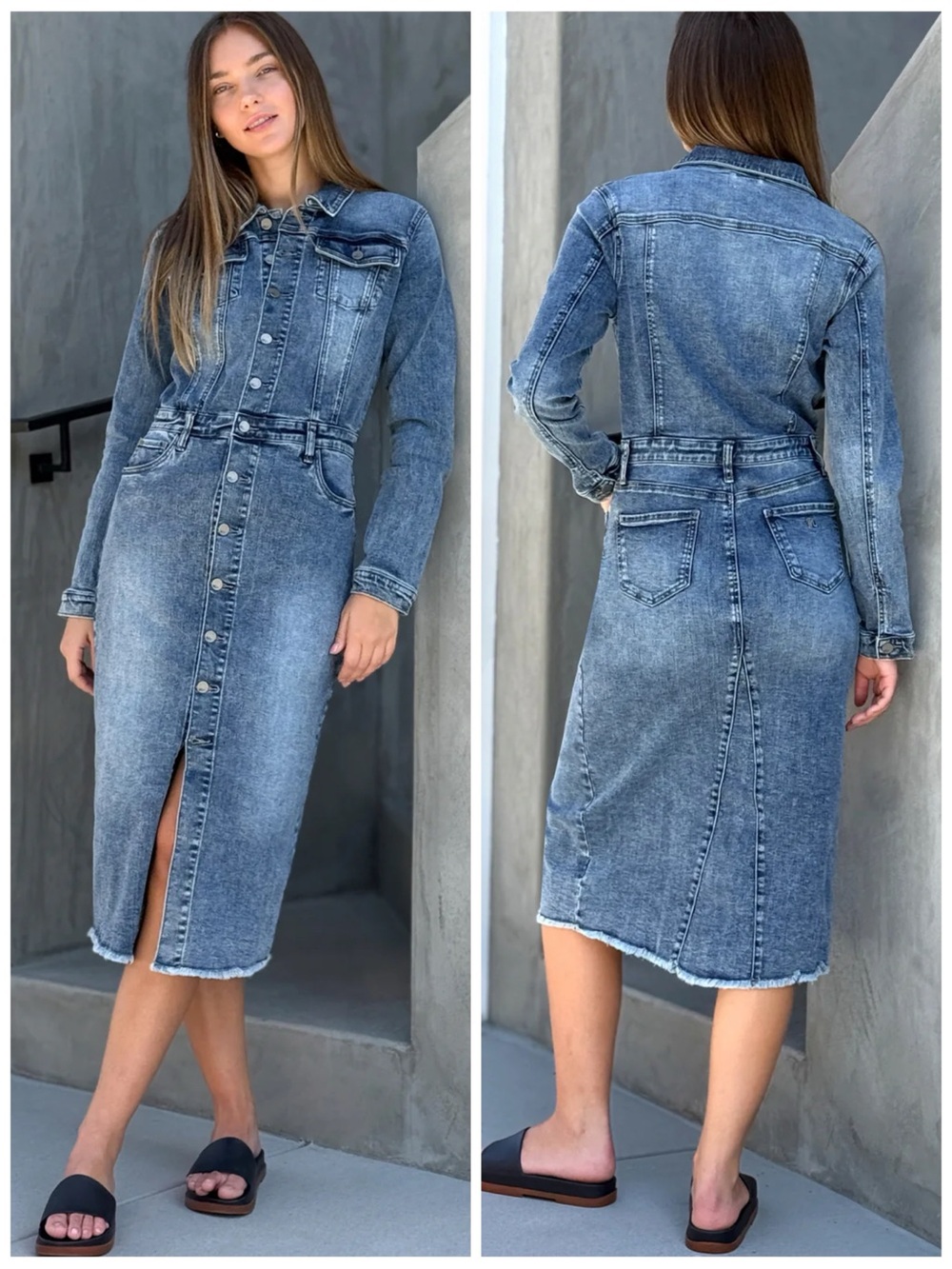 WASH LAB Women’s Size XL Blue Wash Piece Dyed Long Sleeve Denim Midi Dress